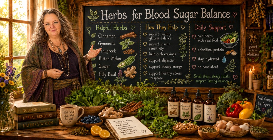 Robin at a chalkboard titled Herbs for Blood Sugar Balance