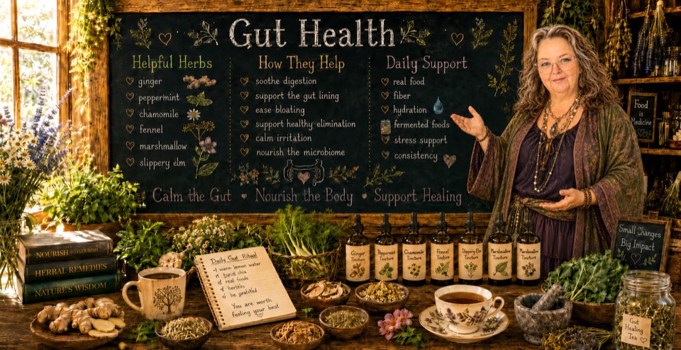 Robin at a chalkboard titled Gut Health