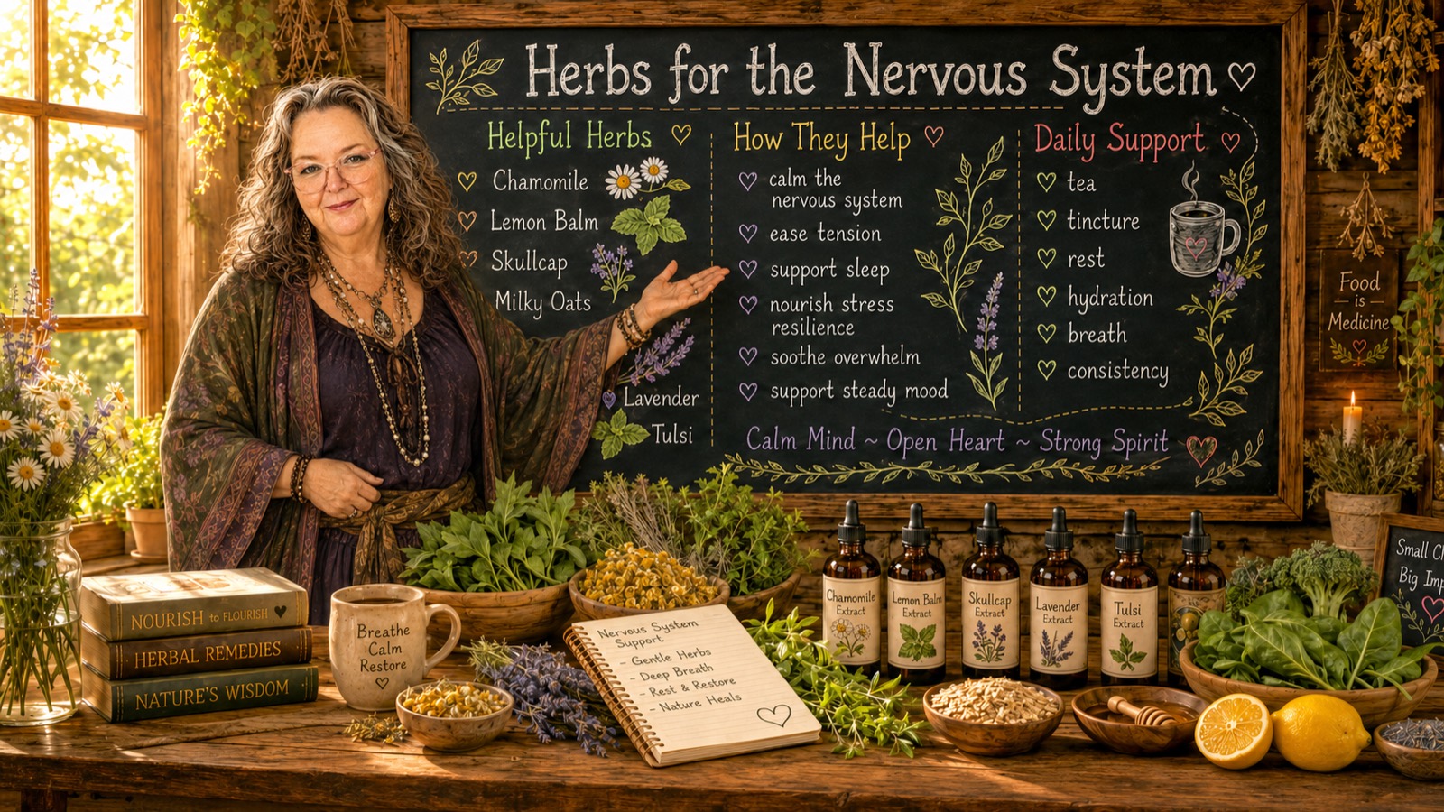 Robin standing at a kitchen chalkboard titled Herbs for the Nervous System, listing chamomile, lemon balm, skullcap, milky oats, lavender and tulsi, with tinctures and fresh herbs on the table