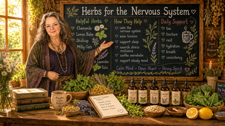 Robin at a chalkboard titled Herbs for the Nervous System